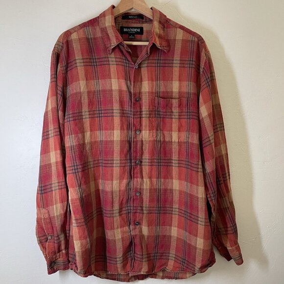 Brandini Button Down Shirt Medium 100% Linen Red Orange Plaid Long Sleeve Fall - Picture 1 of 10